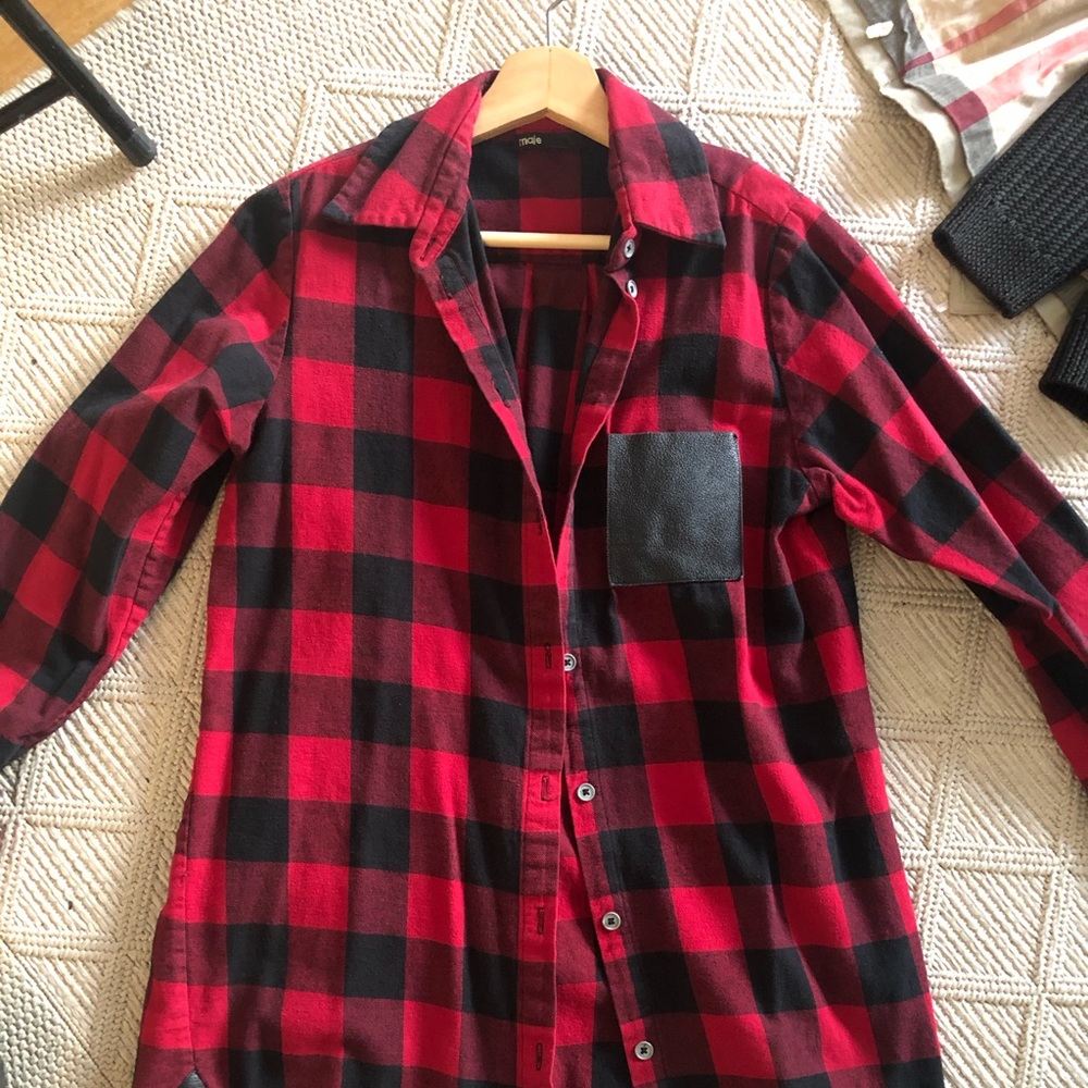 MAJE red checkered over shirt with leather pocket